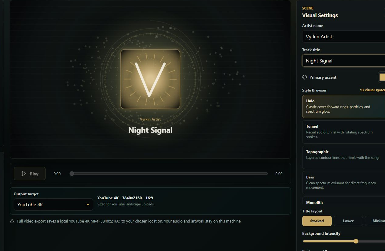 Vyrkin Studio app showing imported audio, visualizer preview, and export controls